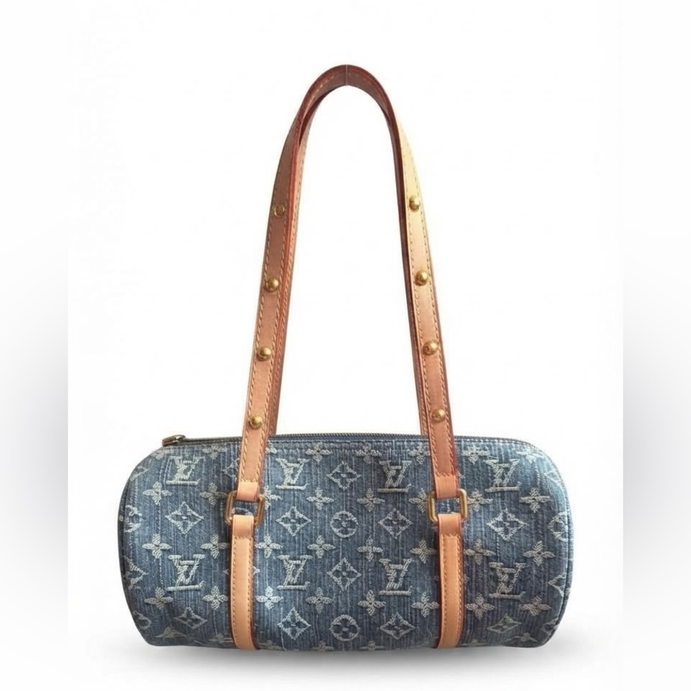 Inspired Monogram Denim Papillon Shoulder Denim Bag